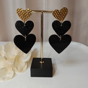 Oorbellen triple hart | Zwart/Goud