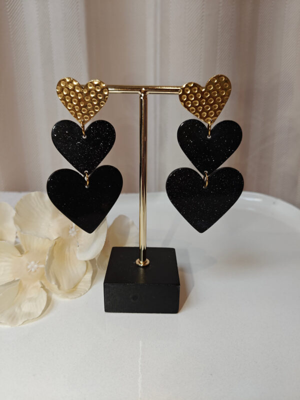 Oorbellen triple hart | Zwart/Goud