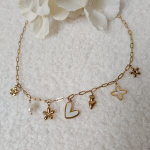 Ketting bedel wit hartje/bloem | Goud